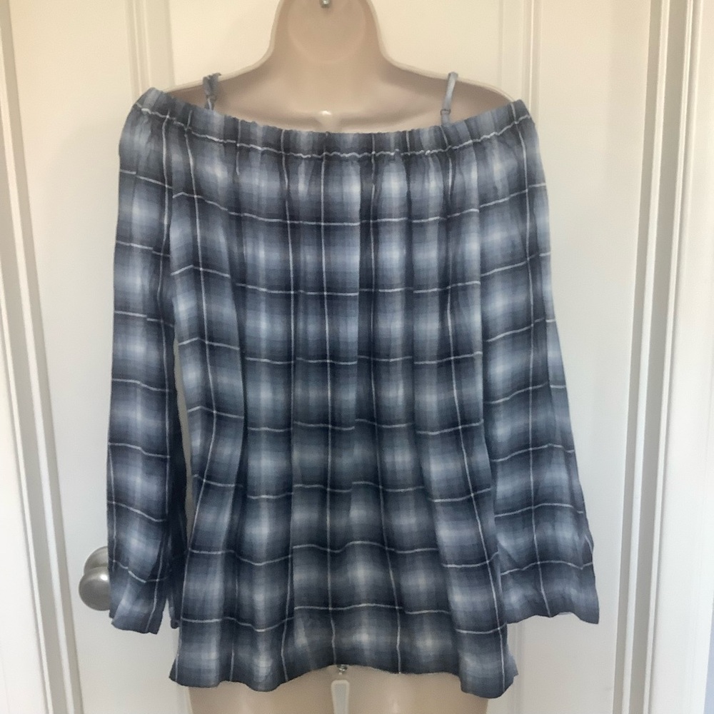 NWT Sans Souchi Womens Off The Shoulder Blue Plaid Long Sleeve Blouse Size M - Picture 4 of 8